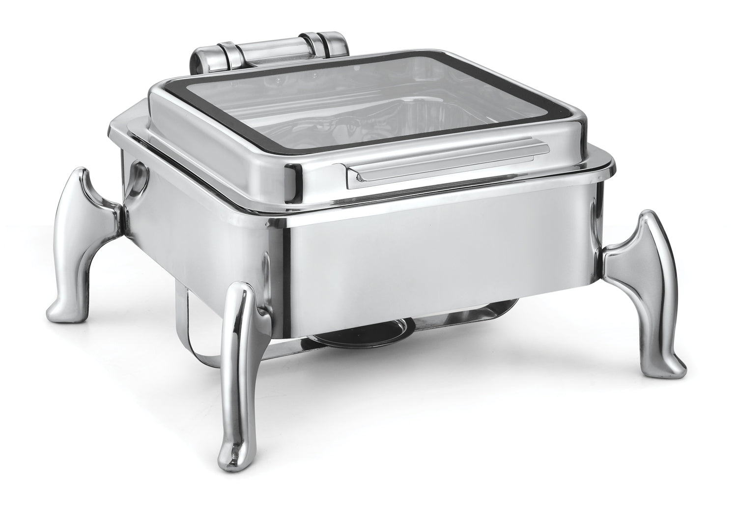 Square 7 Ltrs Induction Compatible Chafing Dish, with International Style S/S Stand,  With Full Glass window, With Adjustable mechanism for slow movement of cover. Can be used with Induction heater, Fuel Burner and Heati