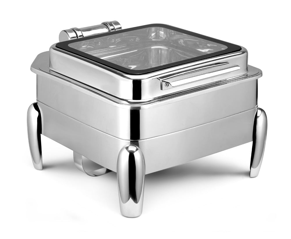 Square 7 Ltrs Chafer With cover control mechanism. With Full Glass Window. With full covered stand, with V-Groove. Tall Height. With modern style legs. Can be used with Induction Heater, Fuel Burner or Heating Plate. (In