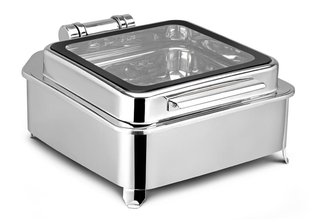 Square 7 Ltrs Chafing Dish (New Model), With Fully Covered stand, Short Height, With Full Glass window, With Adjustable mechanism for slow movement of cover.  Can be used only with Heating Plate. (Heating Plate Included)