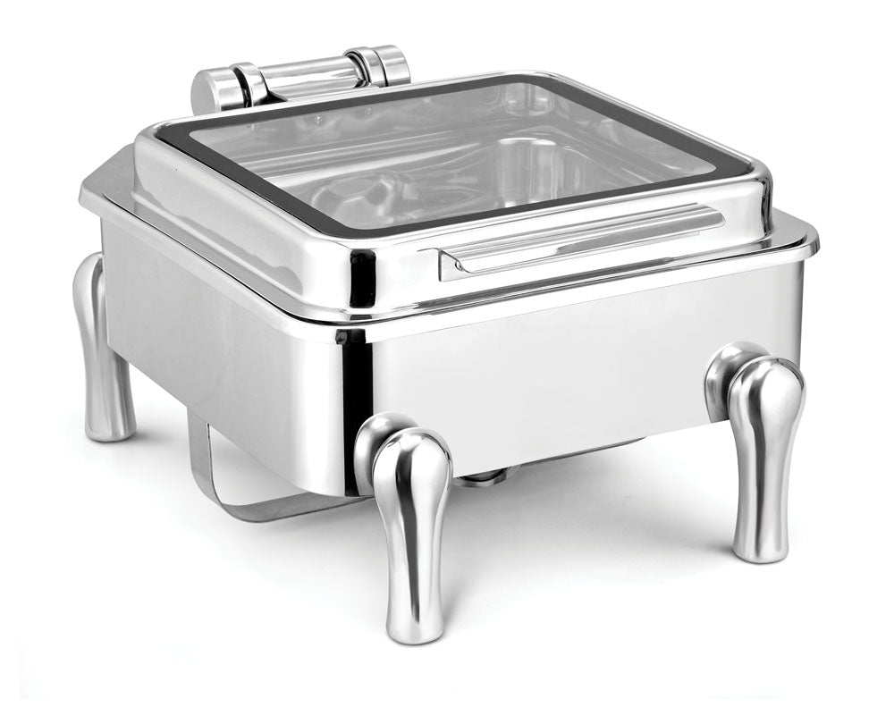 Square 7 Ltrs Chafer With cover control mechanism. With Full Glass Window. With full covered stand, Tall Height. Can be used with Induction Heater, Fuel Burner or Heating Plate.  (Induction Heater/ Heating Plate Not Incl