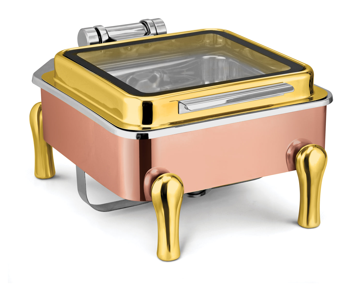 Square 7 Ltrs Chafer with Golden Stand, Rose Gold Base and Golden Lid finish, With cover control mechanism. With Full Glass Window. With full covered stand, Tall Height. Can be used with Induction Heater, Fuel Burner or