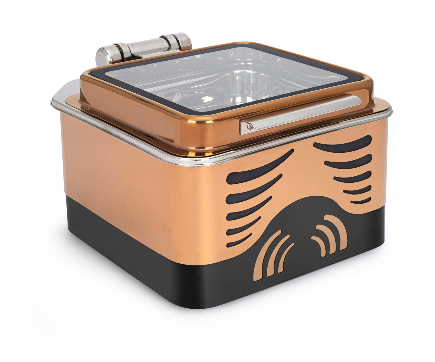 Square 7 Ltrs Chafer With cover control mechanism. With Full Glass Window. With full covered U design Laser Cutting. Can be used with Induction Heater, Fuel burner or Heating Plate.  (Induction Heater/ Heating Plate Not