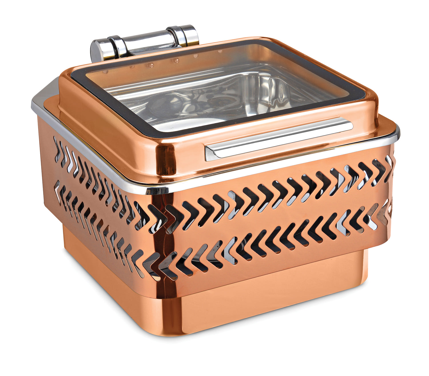 Square 7 Ltrs Chafer With cover control mechanism. With Glass Window. With full covered Floating type stand. Tall Height. With All Rose
Gold. With Arrow Laser Cutting Stand. Can be used with Induction Heater, Fuel burner