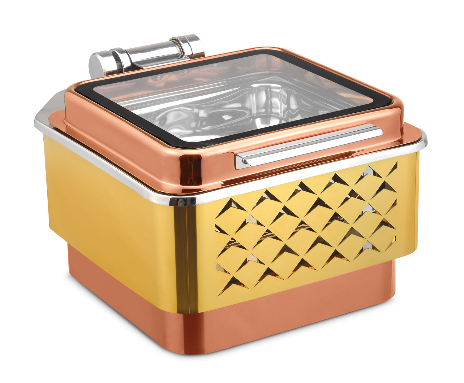 Square 7 Ltrs Chafer With cover control mechanism. With Glass Window. With full covered Floating type stand. Tall Height. With Rose Gold Stand, Golden Base and Rose Gold Lid. With Diamond Laser Cutting Stand. Can be used