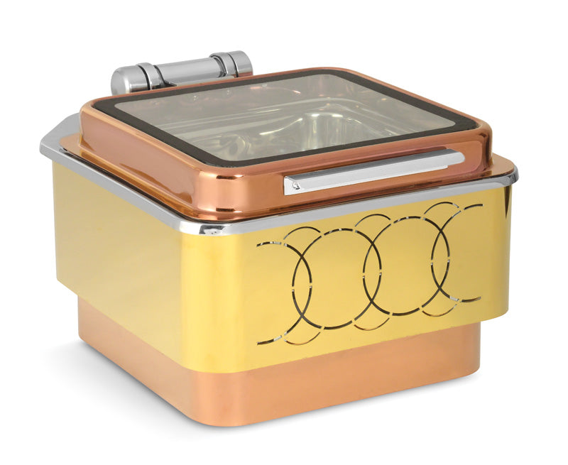 Square 7 Ltrs Chafer With cover control mechanism. With Glass Window. With full covered Floating type stand. Tall Height. With Rose Gold Stand, Golden Base and Rose Gold Lid. With Round Laser Cutting Stand. Can be used w