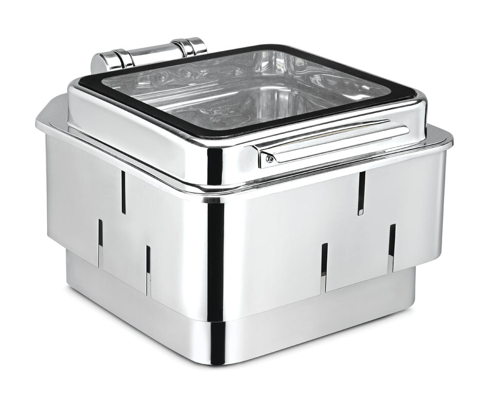 Square 7 Ltrs Chafer With cover control mechanism. With Glass Window. With full covered Floating type stand. Tall Height. With Laser Cutting Stand. Can be used with Induction Heater, Fuel Burner or Heating Plate.  (Induc
