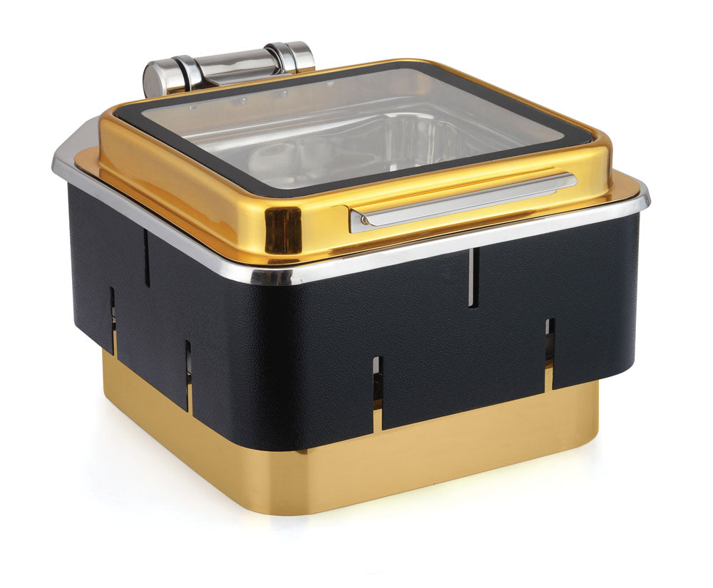 Square 7 Ltrs Chafer With cover control mechanism. With Glass Window. With full covered Floating type stand. Tall Height. With Golden Base, Black and Golden Lid. With Laser Cutting Stand. Can be used with Induction Heate