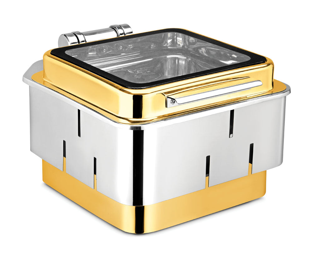 Square 7 Ltrs Chafer With cover control mechanism. With Glass Window. With full covered Floating type stand. Tall Height. With Golden Base and Golden Lid. With Laser Cutting Stand. Can be used with Induction Heater, Fuel
