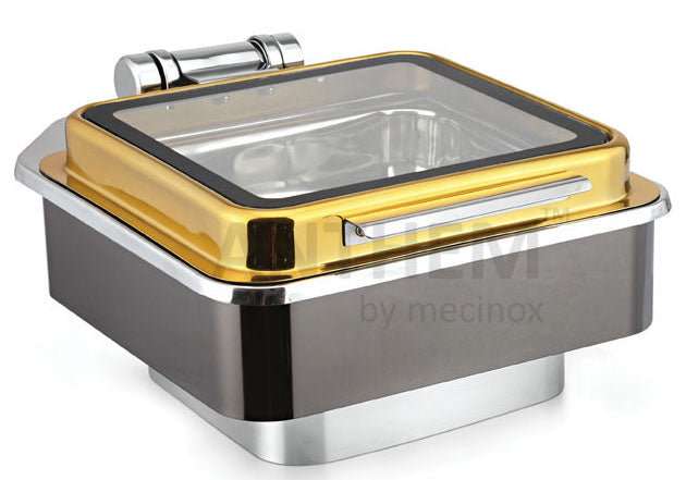 Square 7 Ltrs Chafer (New Model), With cover control mechanism, with Full Glass window, With Black Base and Golden Lid. Compatible with only Heating Plate.  (Heating Plate Included)