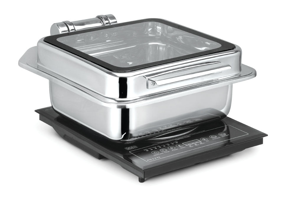 Square 7 Ltrs Induction Chafer (New Model), With cover control mechanism, with Full Glass window, Compatible with Induction Heater. Counter Fit Compatible (Induction Heater/ Heating Plate Not Included)
