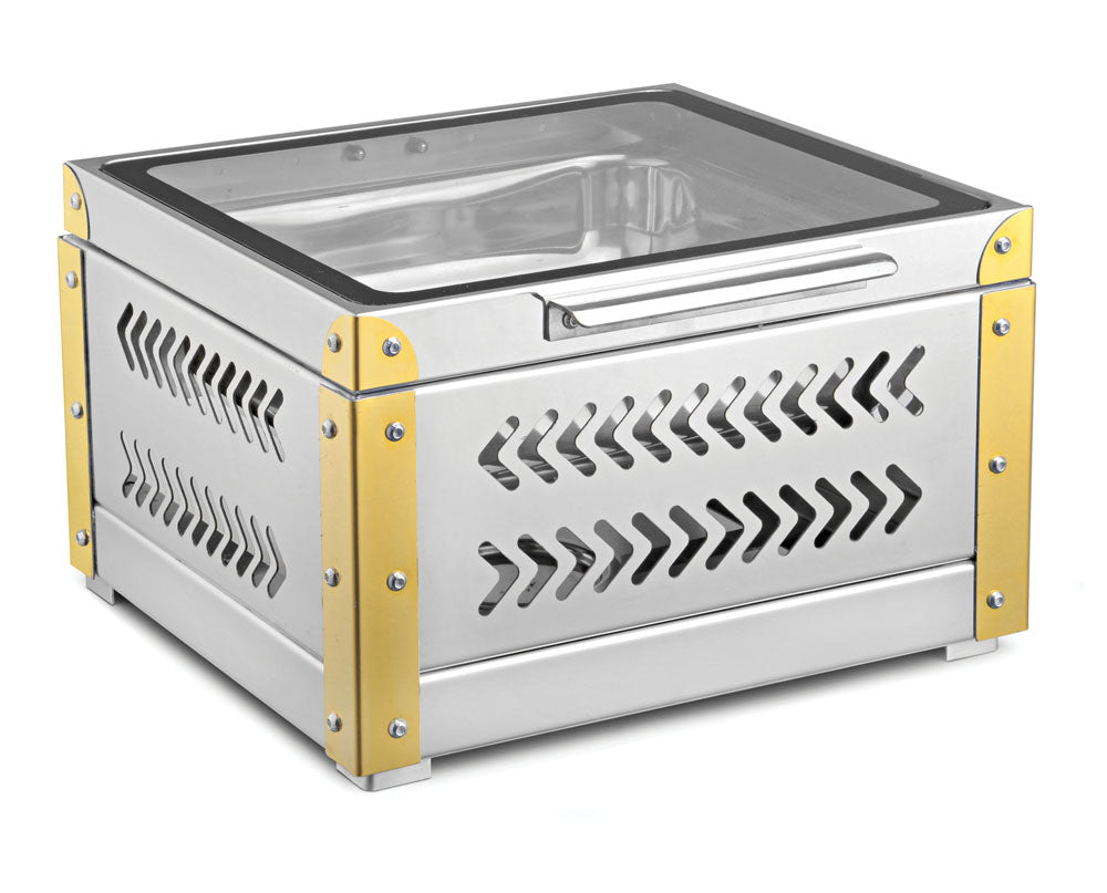 Square 7 Ltrs With Full Glass Top Lid Chafing Dish,  With Full Covered stand, Tall Height, With Laser Cutting Arrow Design. With Adjustable mechanism for slow movement of cover. can be used with Fuel and Heating Plate (H