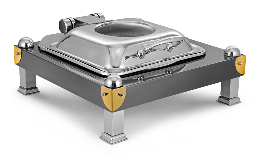 Square 7 Ltrs Induction Chafer (New Model),  With cover control mechanism, with Glass window, With Pillar Chowki Stand, With Black Color Tone Chowki, Compatible with Heating Plate .  Counter Fit Compatible (Heating Plate