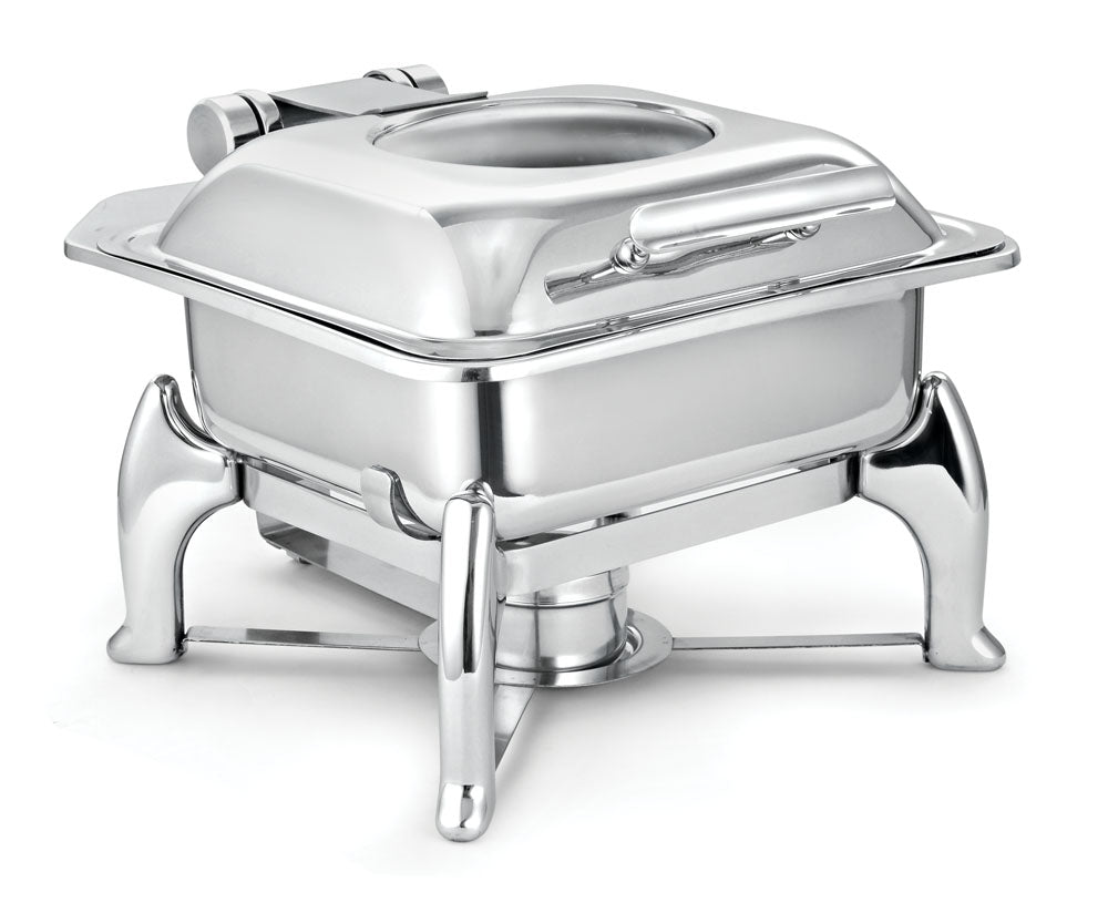Square 7 Ltrs Induction Compatible Chafing Dish (New Model),  with International Style S/S Stand,  With Glass window, With Adjustable mechanism for slow movement of cover. Can be used with Induction heater, Fuel Burner a