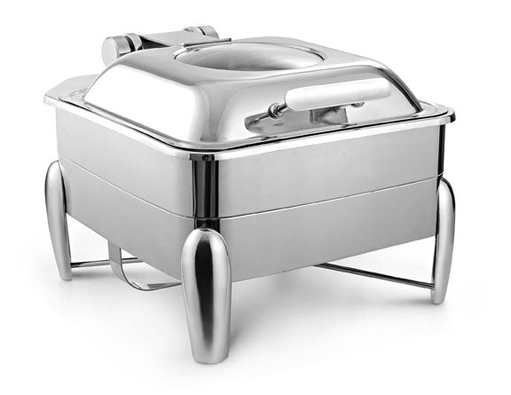 Square 7 Ltrs Chafer With cover control mechanism. With Glass Window. With full covered stand, with V-Groove. Tall Height. With modern style legs. Can be used with Induction Heater, Fuel Burner or Heating Plate.  (Induct