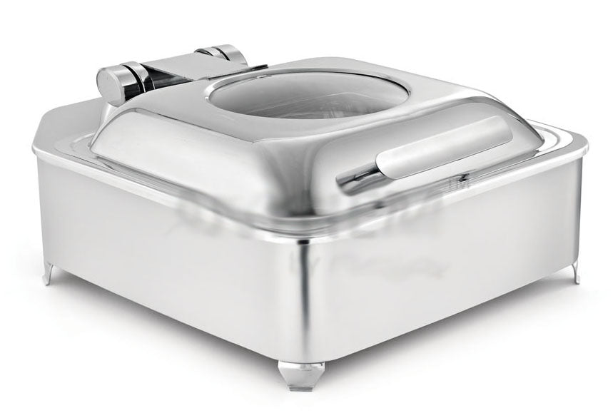 Square 7 Ltrs Chafing Dish (New Model),  With Fully Covered stand, Short Height, With Glass window, With Adjustable mechanism for slow movement of cover.  Can be used only with Heating Plate. (Heating Plate Included)