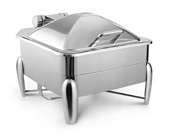 Square 7 Ltrs Chafer With cover control mechanism. With High Dome Lid. With full covered stand, with V-Groove. Tall Height. With modern style legs. Can be used with Induction Heater, Fuel Burner or Heating Plate.  (Induc