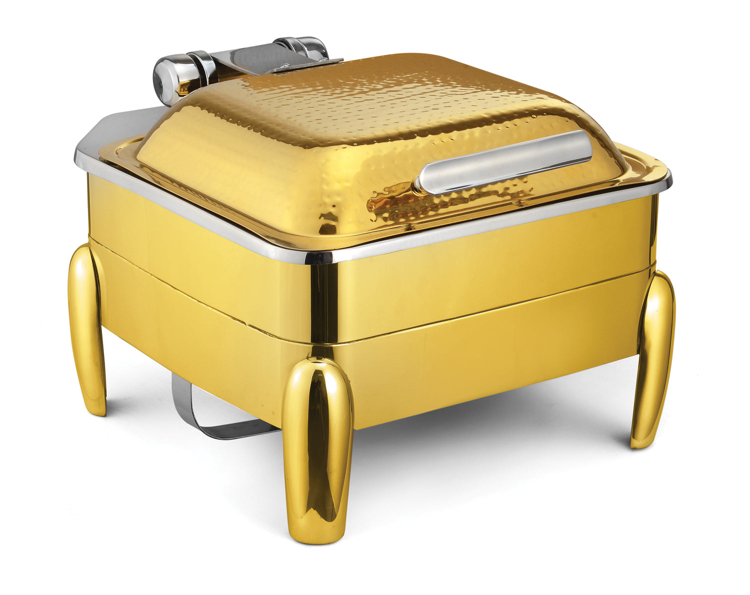Square 7 Ltrs Chafer With cover control mechanism. With high dome Hammered Lid. With full covered stand, with V-Groove. Tall Height.
with all Golden finish. With modern style legs. Can be used with Induction Heater, Fuel
