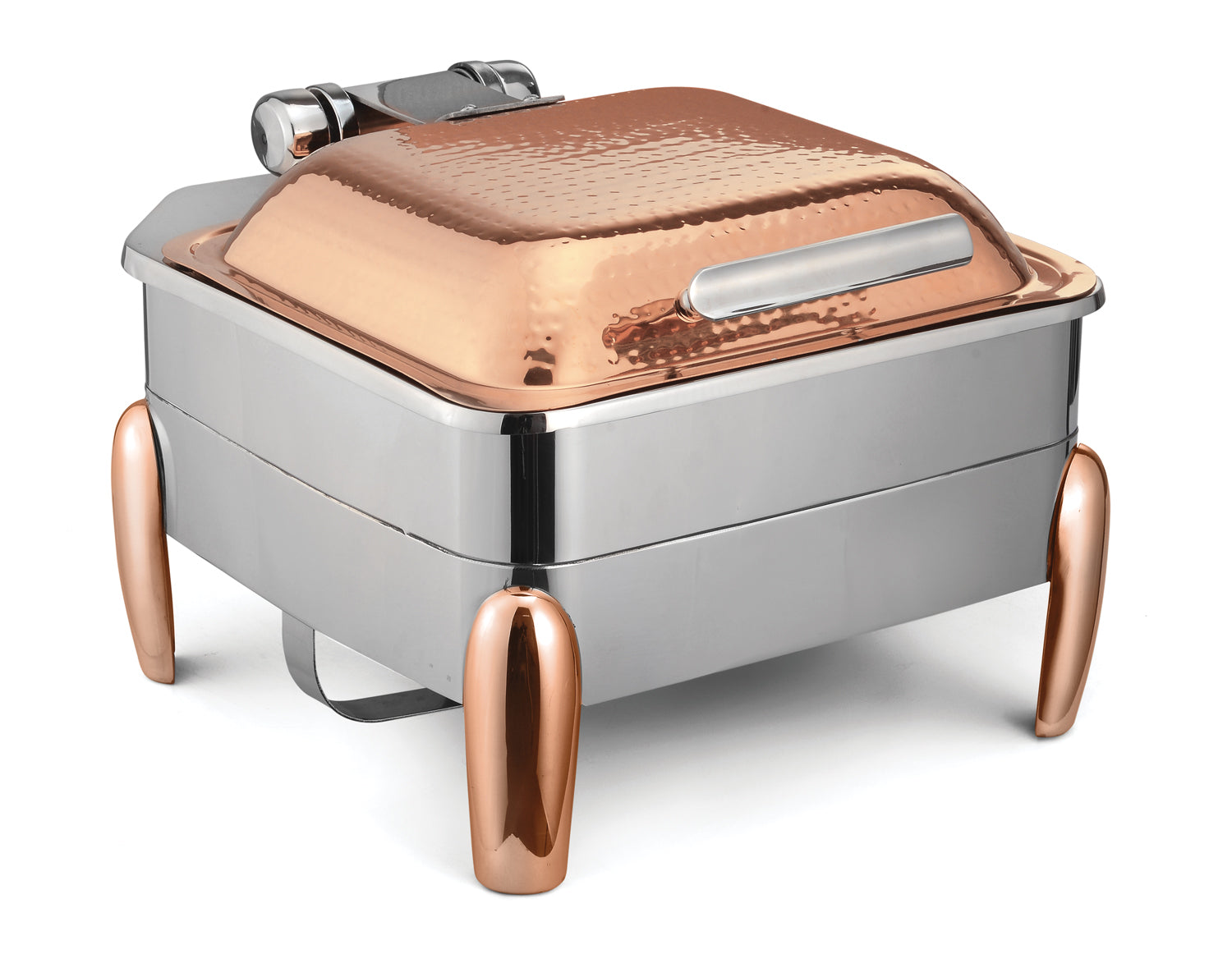 Square 7 Ltrs Chafer With cover control mechanism. With high dome Hammered Lid. With full covered stand, with V-Groove. Tall Height. with Golden Stand, Stainless Steel Base and Golden Lid finish. With modern style legs.