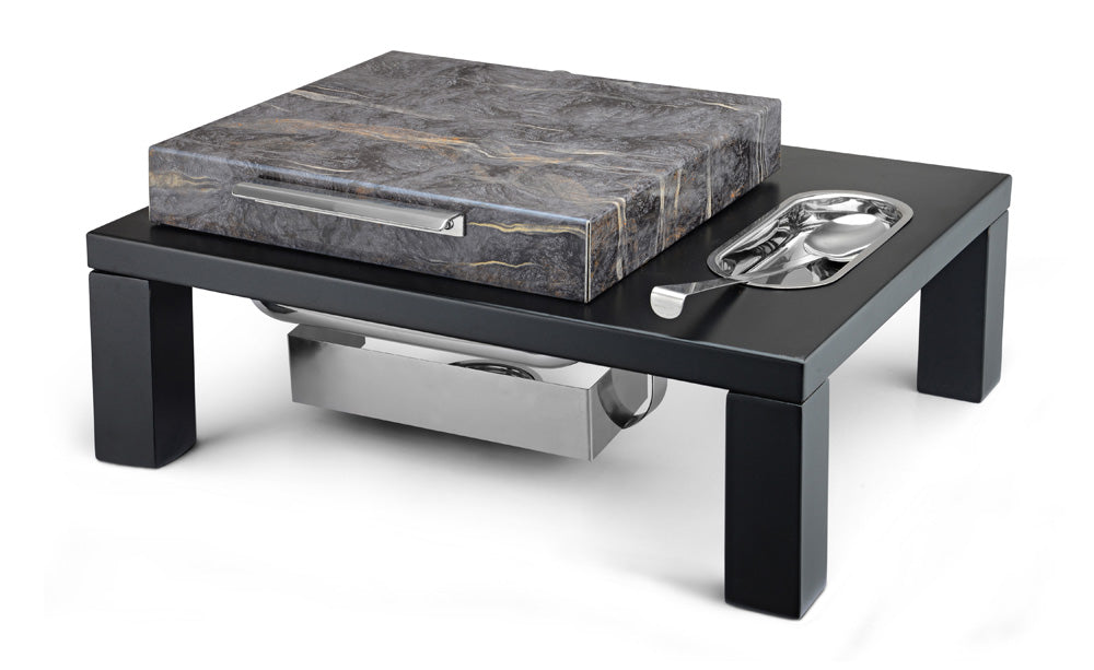 Table Type Square 7 Ltrs Chafing Dish, With Service Spoon stand, With Black Stand and Marble Lid finish. With Adjustable mechanism for slow movement of cover. can be used with Fuel and Heating Plate (Heating Plate Not In