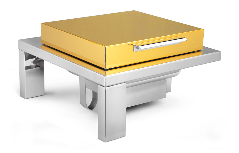 Table Type Square 7 Ltrs Chafing Dish, With Stainless Steel Stand and Golden Lid Finish. With Adjustable mechanism for slow movement of cover. can be used with Fuel and Heating Plate (Heating Plate Not Included).