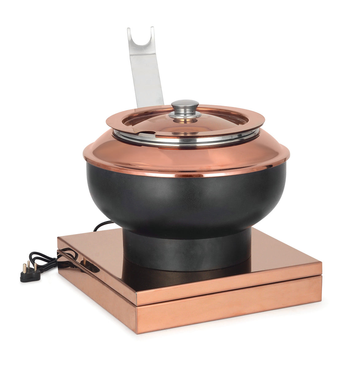 Round 7 Ltrs Lift Top Soup Warmer, With chowki type Stand. Black base, Rose Gold Lid and Rose Gold Chowki. Can be used only Heating Plate. (With Heating Plate)