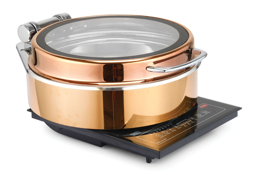 Round Large Deluxe Size Induction Chafer (New Model), With cover control mechanism, with Full Glass window, With Rose Gold Base and Rose Gold Lid. Compatible with Induction Heater. Counter Fit Compatible (Induction Heate