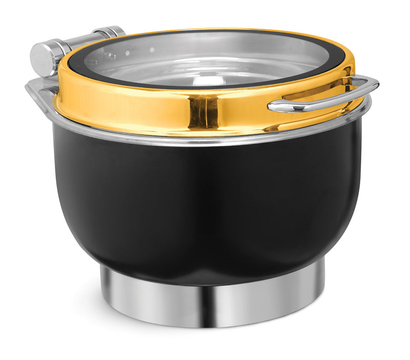 Round 7 Ltrs Deluxe Induction Compatible Soup Tureen, With Adjustable mechanism for slow movement of cover. With Large size Glass Window. With Stainless Steel Base, Black Body and Golden Lid. Can be used with Heating Pla