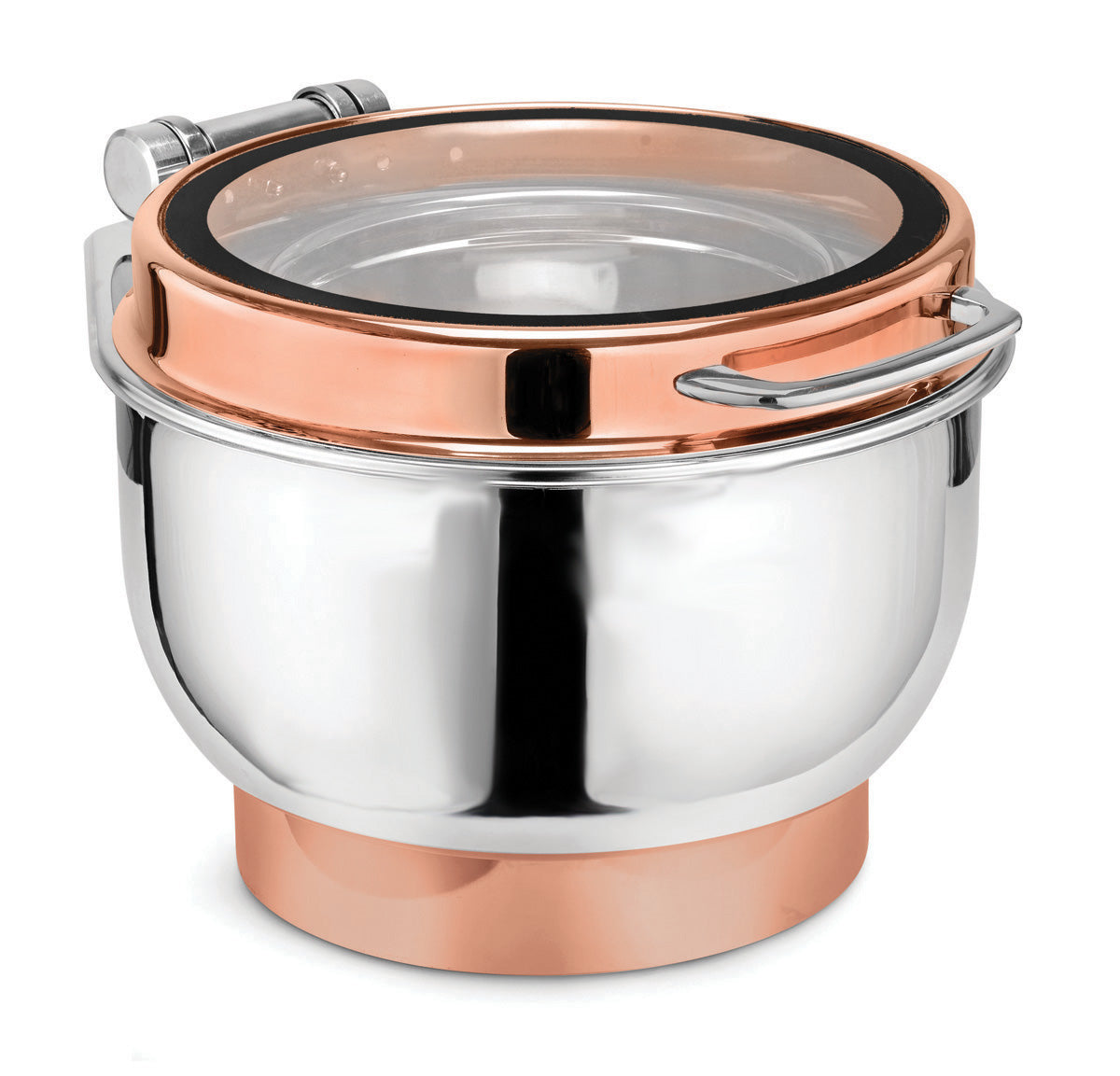Round 7 Ltrs Deluxe Induction Compatible Soup Tureen, With Adjustable mechanism for slow movement of cover. With Large size Glass Window. With Rose Gold Base, Stainless Steel Body and Rose Gold Lid. Can be used with Heat