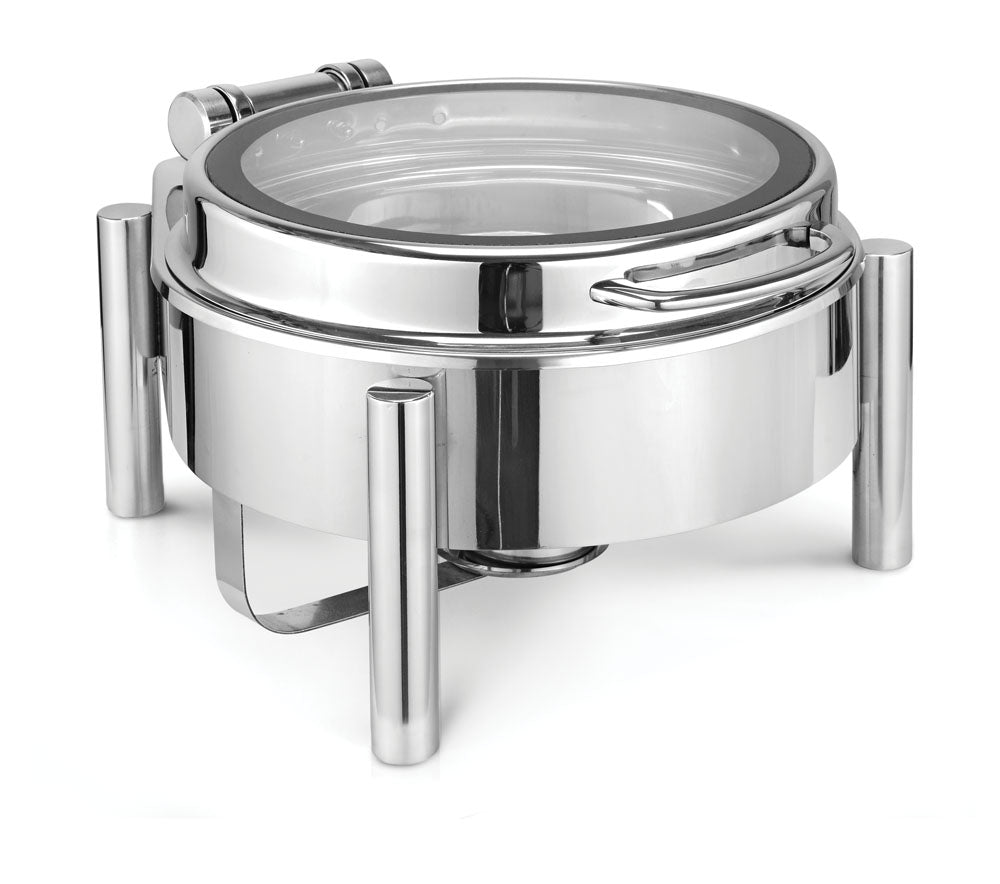 Round 7 Ltrs Deluxe Induction Compatible Chafing Dish, With Pillar Type Stand. With Full Glass Window. With Adjustable mechanism for slow movement of cover. Can be used with Fuel, Induction heater or Heating Plate (Induc