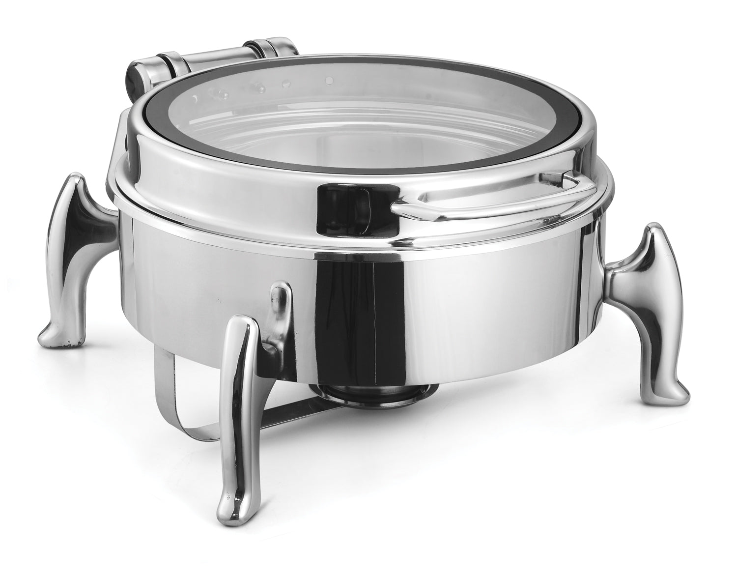 Round 7 Ltrs Deluxe Induction Compatible Chafing Dish, With Wide Frame and International Style S/S Stand. With Adjustable mechanism for slow movement of cover. With Full Glass Window. Can be used with Fuel, Induction hea