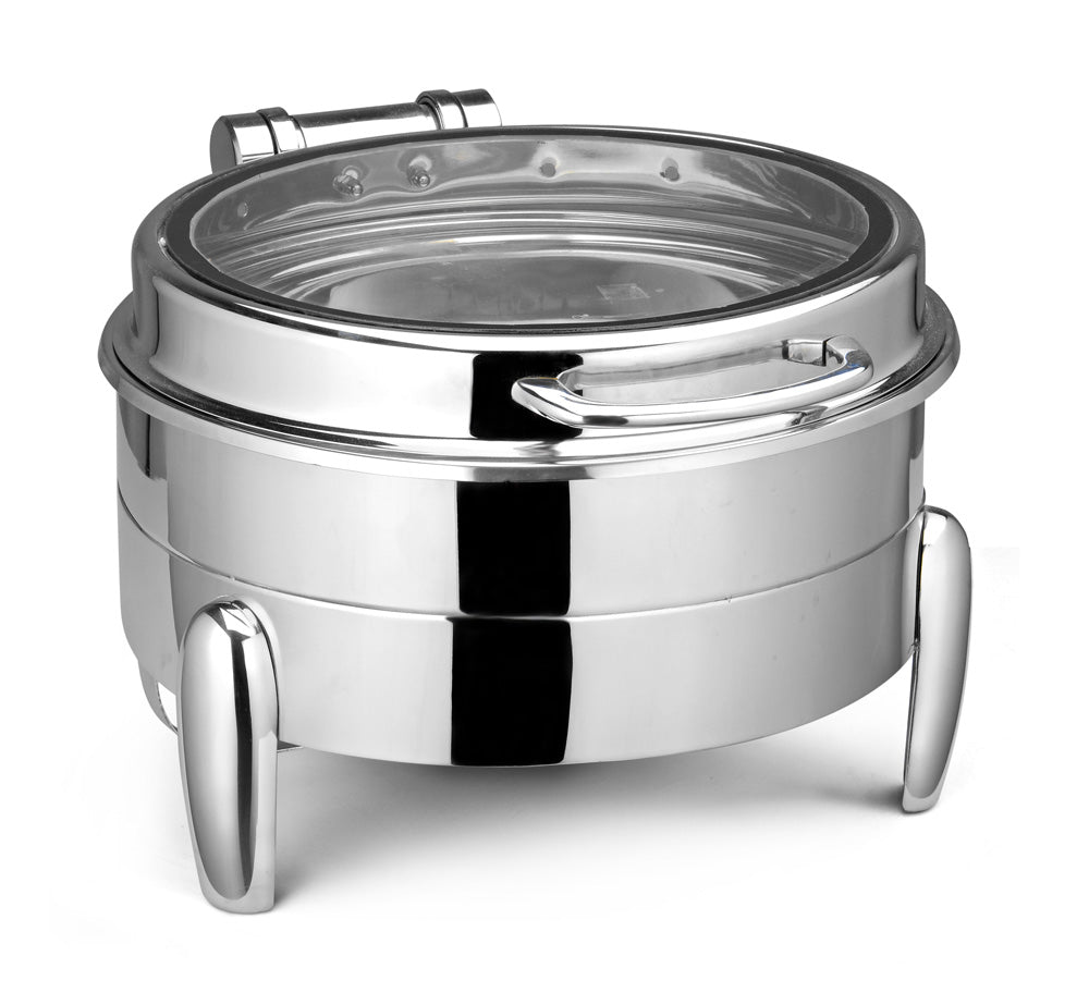 Round Chafer With cover control mechanism. With Full Glass Window. With full covered stand, with V-Groove. Tall Height. With modern style legs. Can be used with Induction Heater, Fuel Burner or Heating Plate.  (Induction