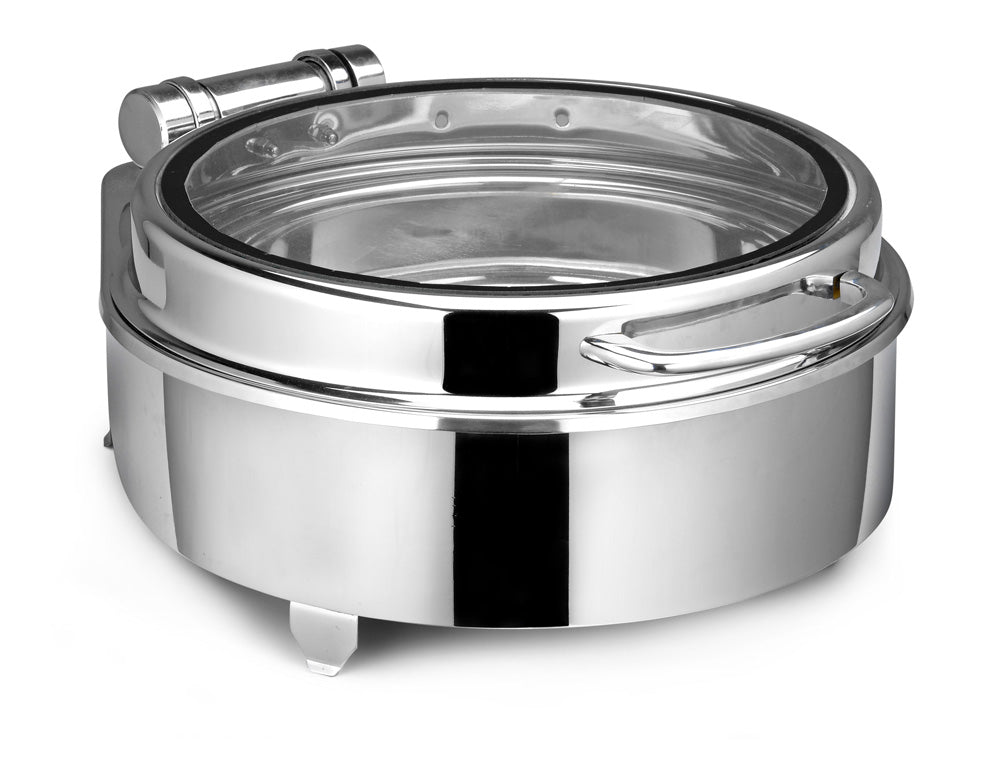 Round 7 Ltrs Deluxe Chafing Dish, With International Style S/S Stand With Full Glass window, With Adjustable mechanism for slow down of cover Can be used only with Heating Plate. (Heating Plate Included)