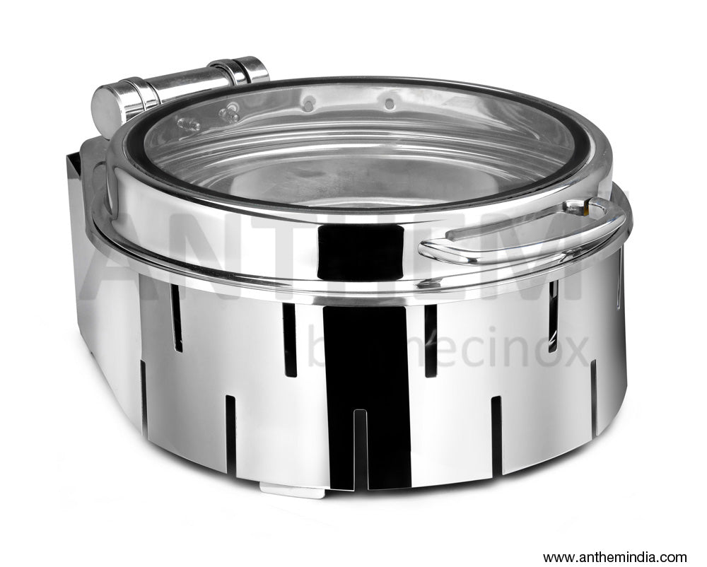 Round 7 Ltrs Deluxe Chafing Dish, With Fully Covered Stand. Medium Height. With Full Glass Window. With Laser Cutting Stand. With Adjustable mechanism for slow movement of cover. can be used with only Heating Plate (Heat