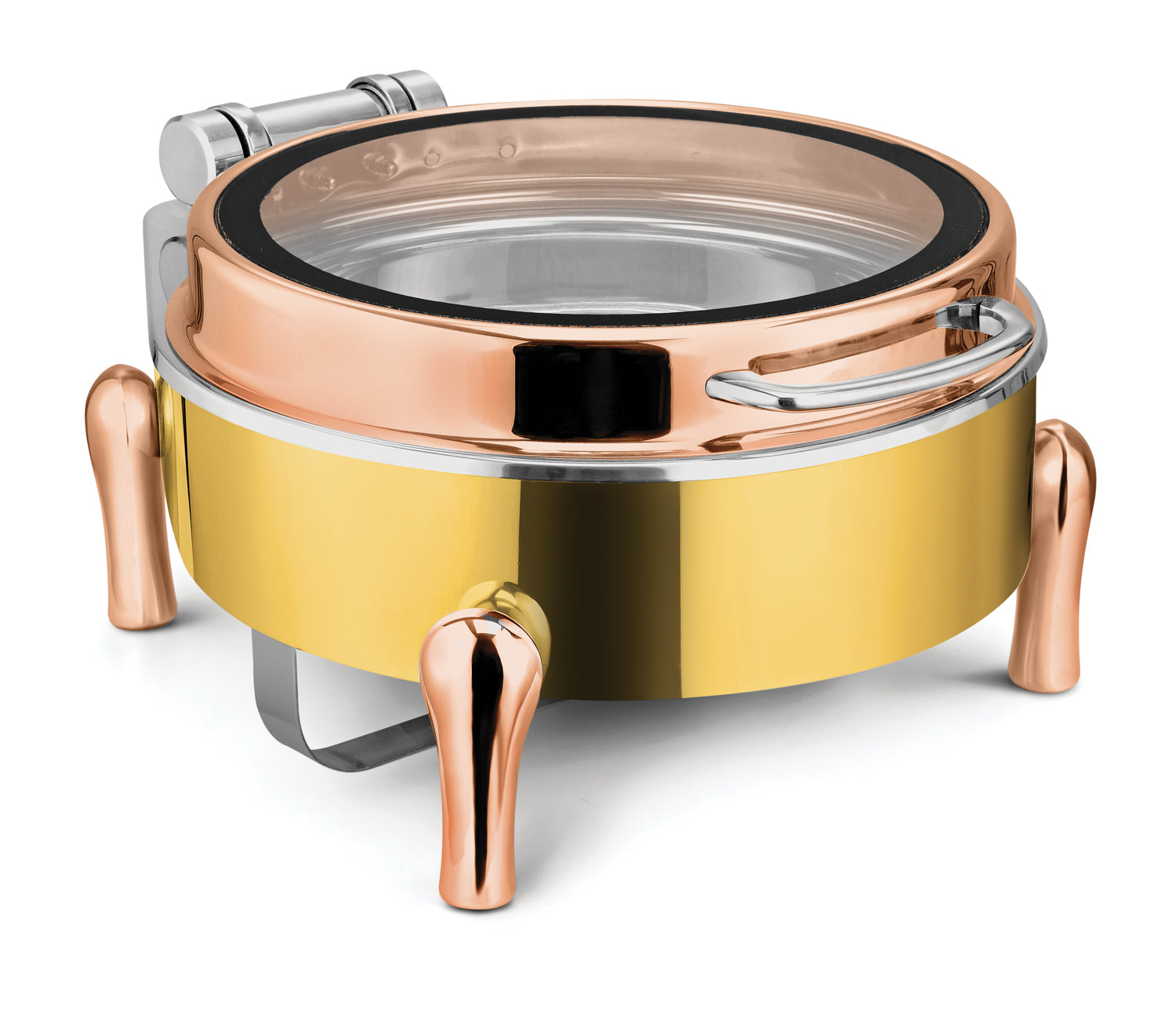 Round Chafer With cover control mechanism. With Full Glass Window. With Rose Gold Stand, Golden Base and Rose Gold Lid. With full covered stand, Tall Height. Can be used with Induction Heater, Fuel burner or Heating Plat