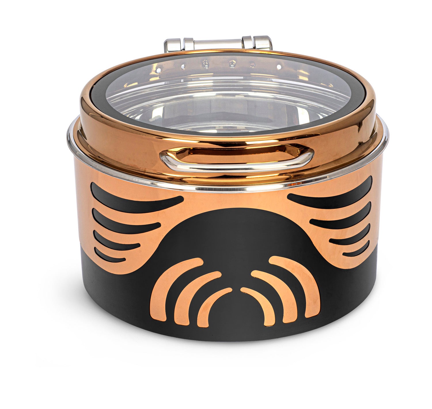 Round 7 Ltrs Chafer With cover control mechanism. With Full Glass Window. With full covered U design Laser Cutting. Can be used with Induction Heater, Fuel burner or Heating Plate.  (Induction Heater/ Heating Plate Not I