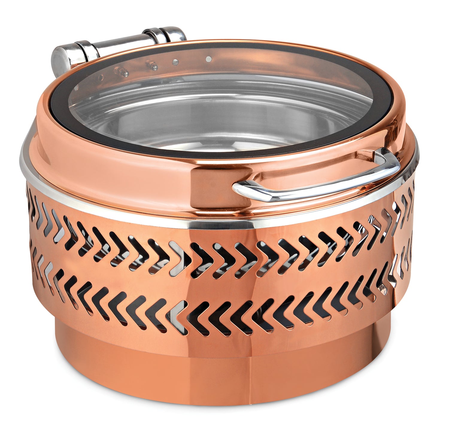 Round Chafer With cover control mechanism. With Full Glass Window. With full covered Floating type stand. Tall Height. With Arrow Laser Cutting Stand. With All Rose Gold Finish. Can be used with Induction Heater, Fuel bu