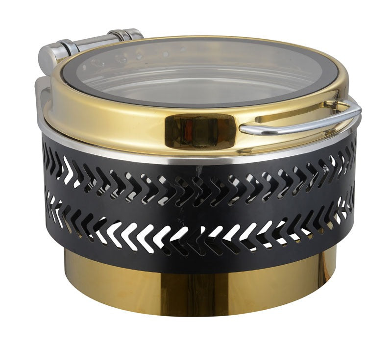 Round Chafer With cover control mechanism. With Full Glass Window. With full covered Floating type stand. Tall Height. With Arrow Laser Cutting Stand. With Golden Base, Black and Golden Lid. Can be used with Induction He