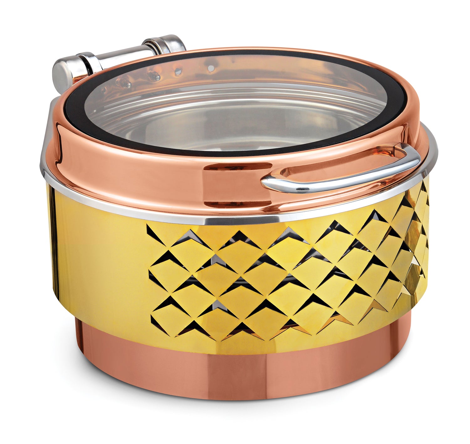 Round Chafer With cover control mechanism. With Full Glass Window. With full covered Floating type stand. Tall Height. With Diamond Laser Cutting Stand. With Rose Gold Base, Golden and Rose Gold Lid. Can be used with Ind