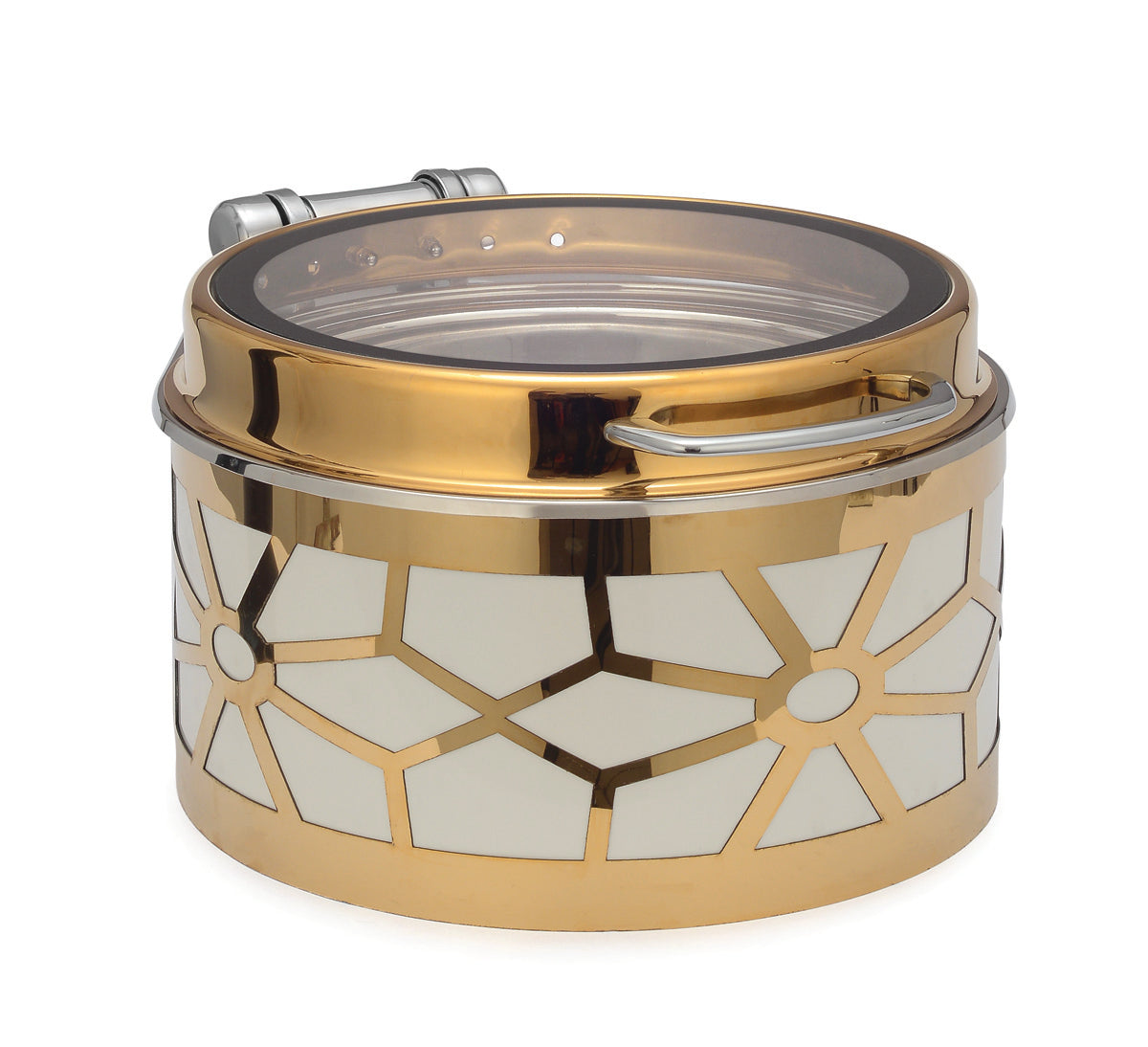 Round 7 ltrs Chafer With cover control mechanism. with Jacket Type Laser Cutting. With Full Glass Window. With full covered Floating
type stand. Tall Height. With Gold Base, White and Gold Lid. Can be used with Induction