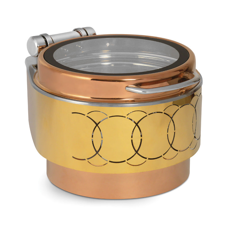 Round 7 Ltrs Chafer With cover control mechanism. With Full Glass Window. With full covered Floating type stand. Tall Height. With
Round Laser Cutting Stand. With Rose Gold Base, Golden and Rose Gold Lid. Can be used wit