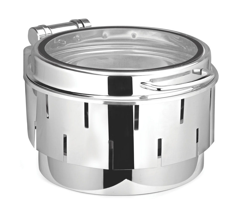 Round Chafer With cover control mechanism. With Full Glass Window. With full covered Floating type stand. Tall Height. With Laser
Cutting Stand. With all Stainless Steel Finish. Can be used with Induction Heater, Fuel bu