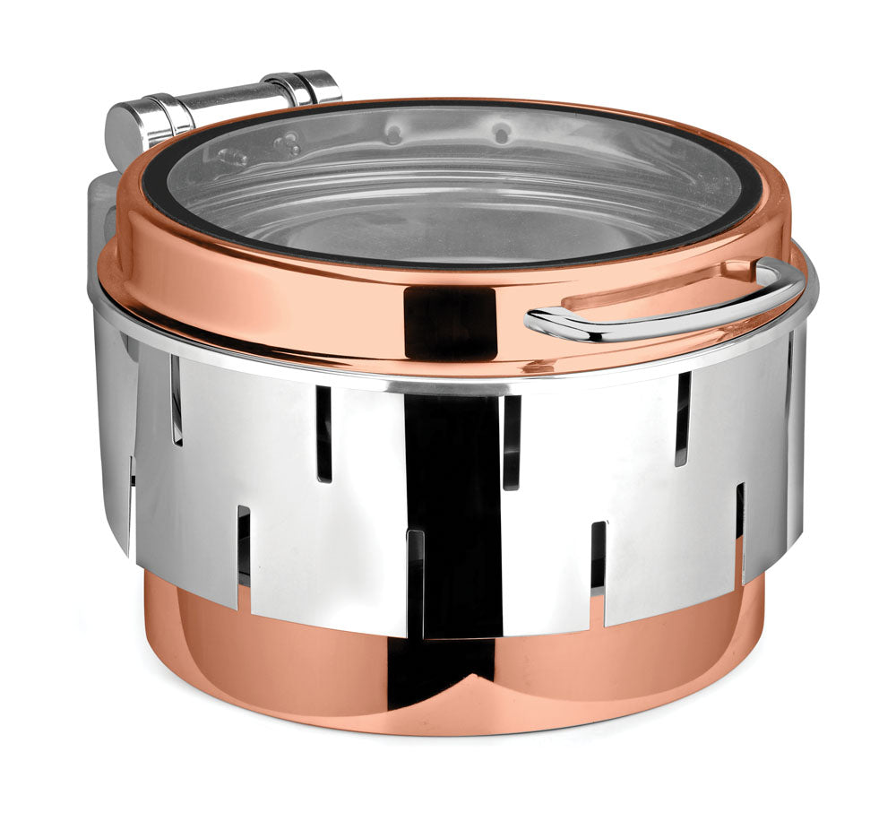 Round Chafer With cover control mechanism. With Full Glass Window. With full covered Floating type stand. Tall Height. With Laser Cutting Stand. With Rose Gold Base, Stainless Steel and Rose Gold Lid. Can be used with In