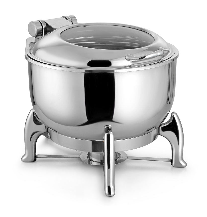 Round 7 Ltrs Deluxe Induction Compatible Soup Tureen,  With International Style S/S Stand.With Adjustable mechanism for slow movement of cover. With Large size Glass Window.  Can be used with Fuel, Induction heater or He