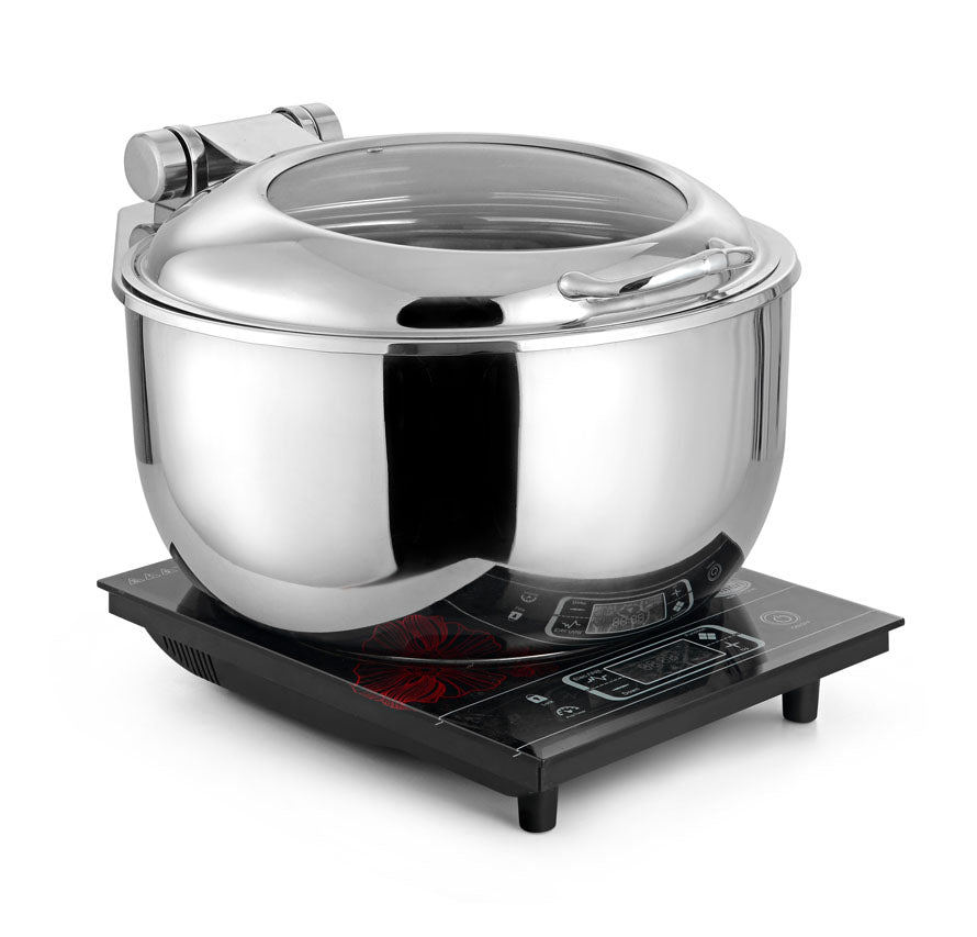 Round 7 Ltrs Deluxe Induction Compatible Soup Tureen, With Adjustable mechanism for slow movement of cover. With Large size Glass Window. Can be used only on Induction heater (Induction Heater Not Included).