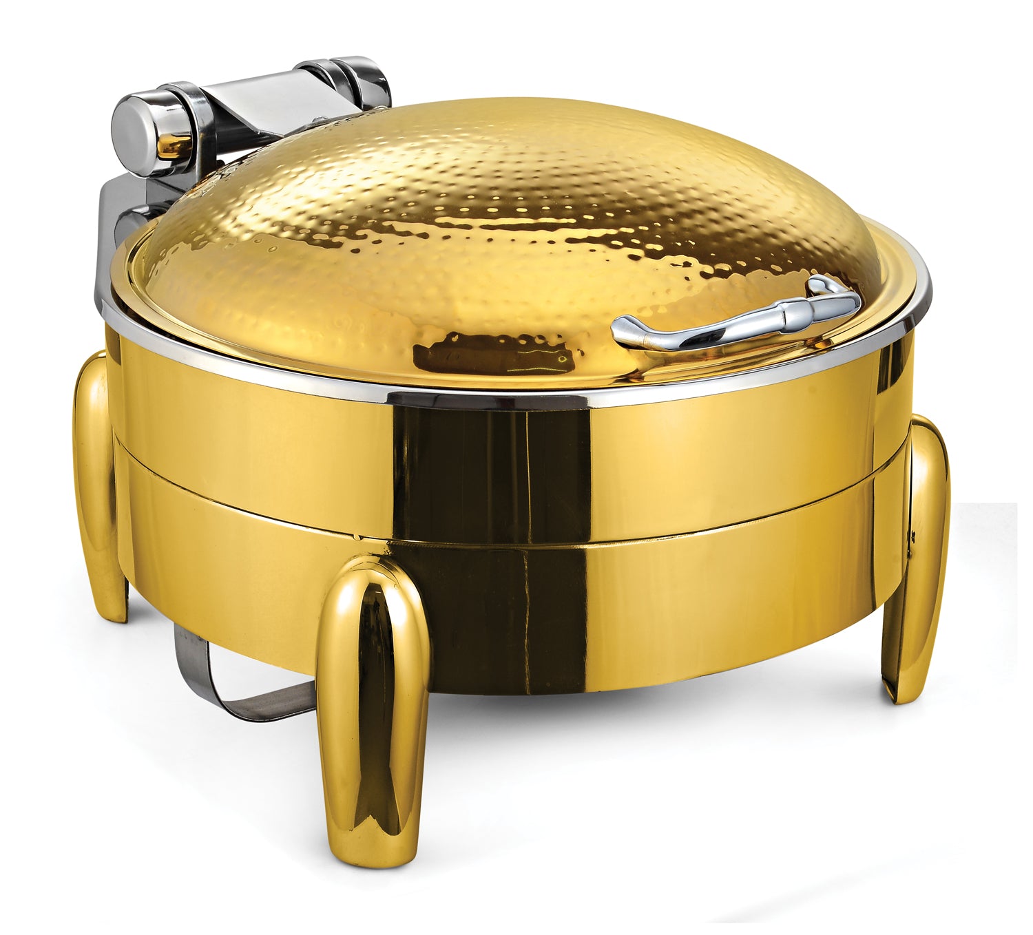 Round Chafer with Hammered finish. With cover control mechanism. With full covered stand, with V-Groove. Tall Height. With modern style legs. With all Golden finish. Can be used with Induction Heater, Fuel Burner or Heat