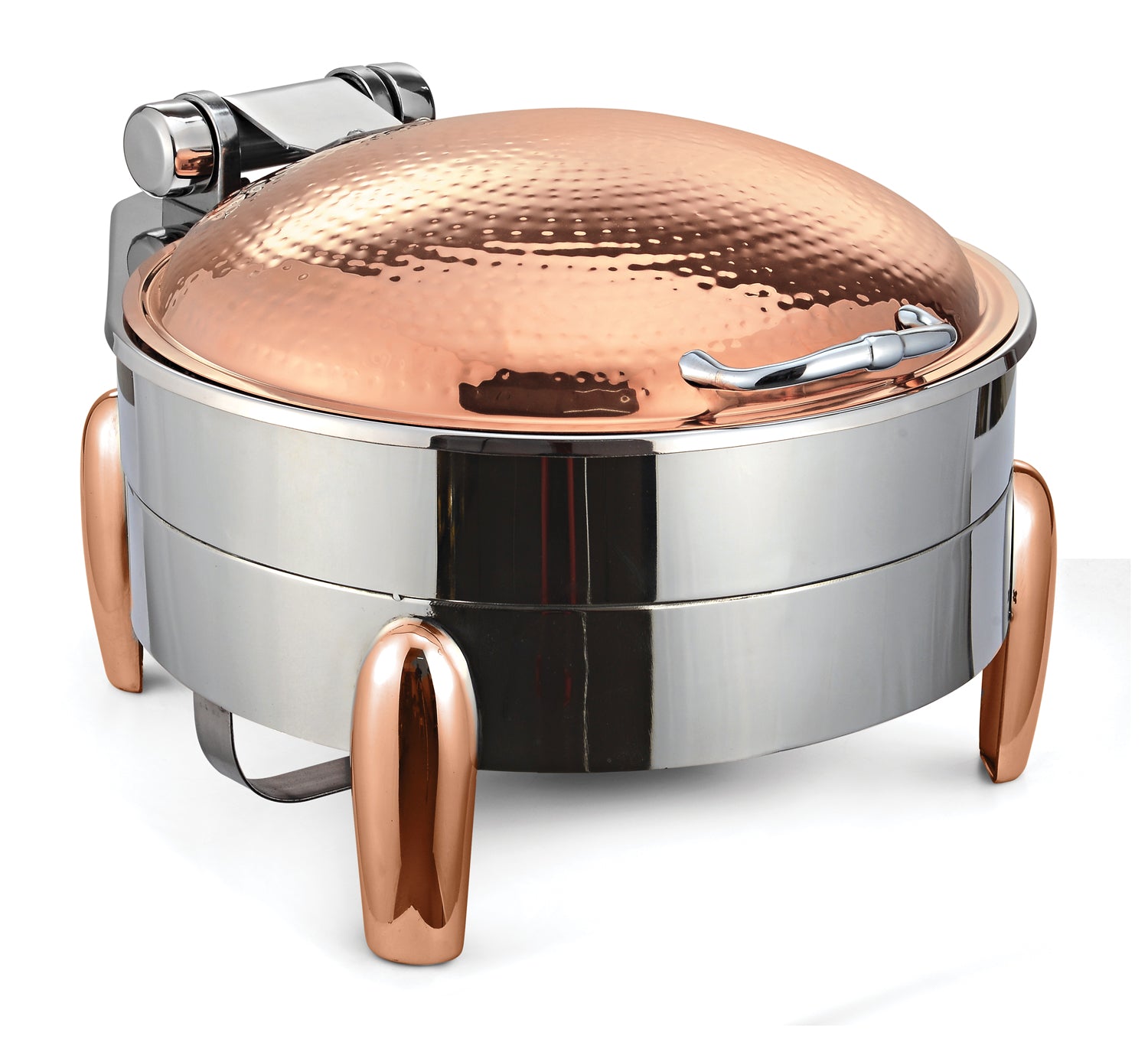 Round Chafer with Hammered finish. With cover control mechanism. With full covered stand, with V-Groove. Tall Height. With modern style legs. With Rose Gold Legs and Lid, Stainless Steel stand finish. Can be used with In