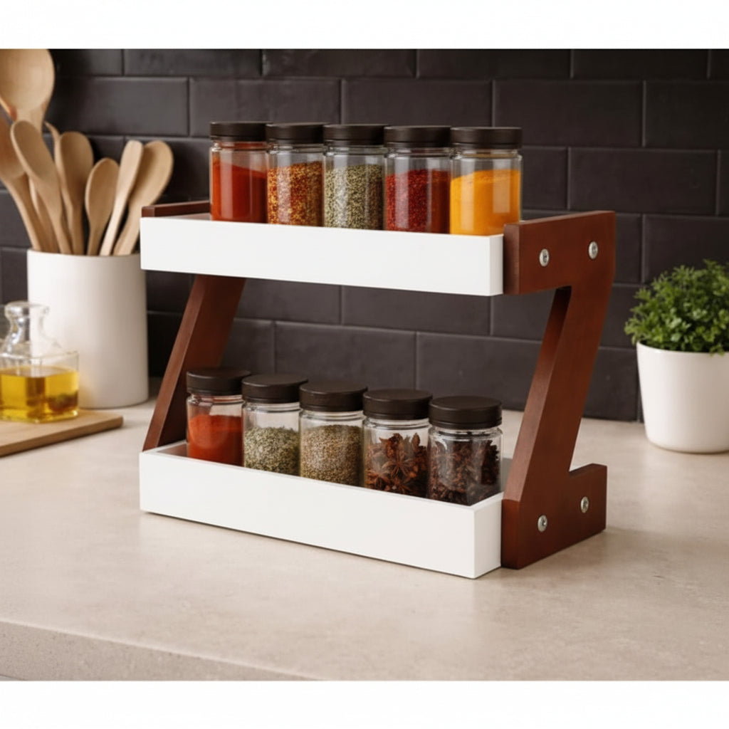 Wooden Kitchen Rack 2 Tier White and Wood Brown 32x17x26.5cm