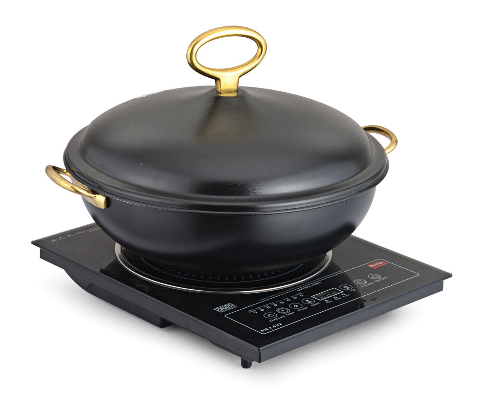 Wok style chafing dish, Black with Brass handles, Compatible with Induction Heater. (Induction Heater Not Included)