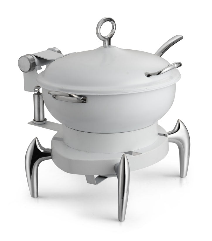 Wok style chafing dish, White with Chrome legs and handles, With Adjustable Mechanism for slow movement of cover.