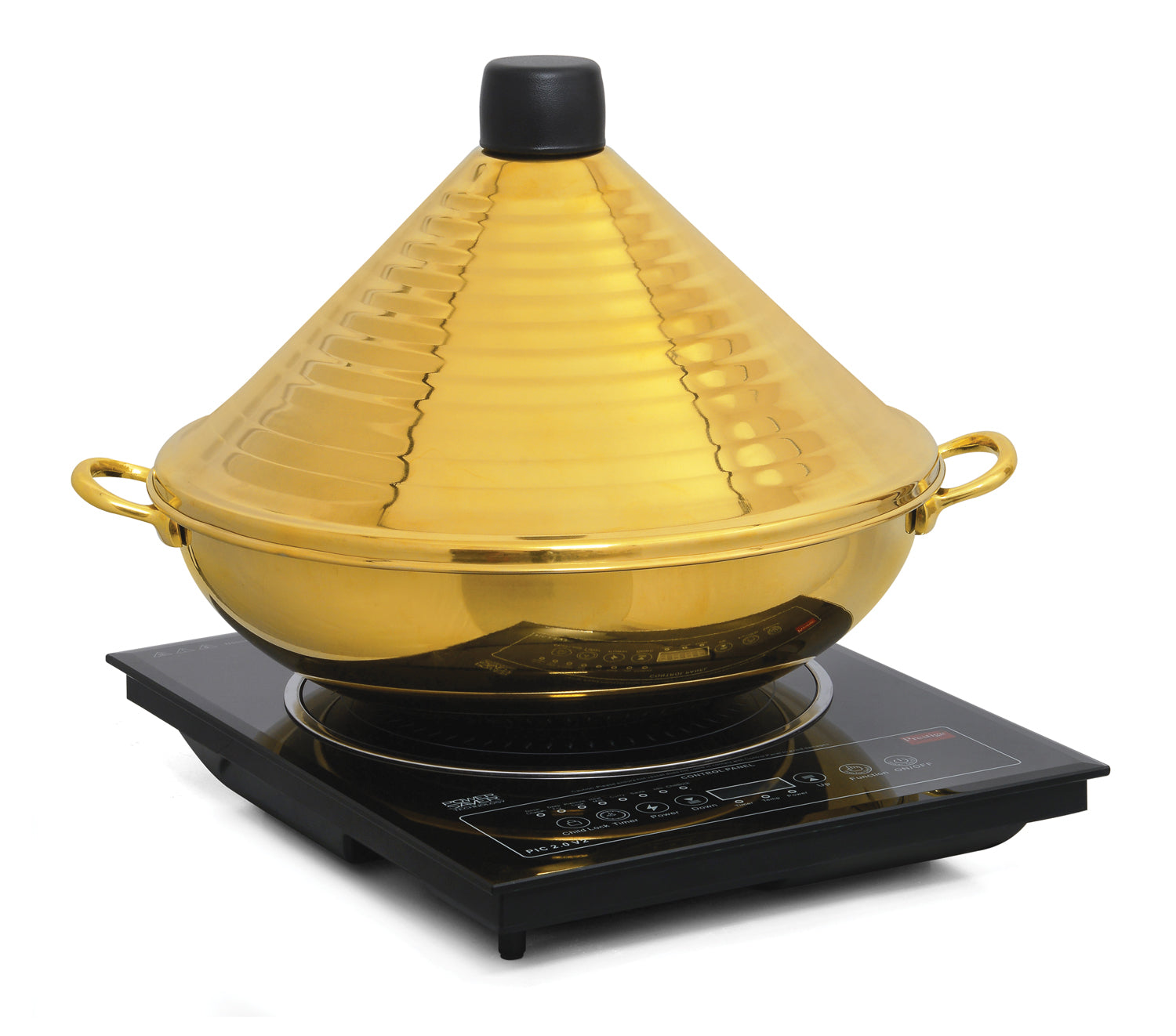 Stainless Steel Round 7 Ltrs  Chafing Dish with Conical lid. With all Golden finish  Can be used with Only Induction heater (Induction Heater/ Heating Plate Not Included).